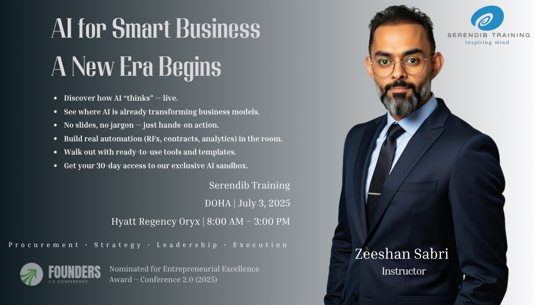 AI for Smart Business workshop flyer — Zeeshan Sabri, Serendib Training, Doha, 3 July 2025