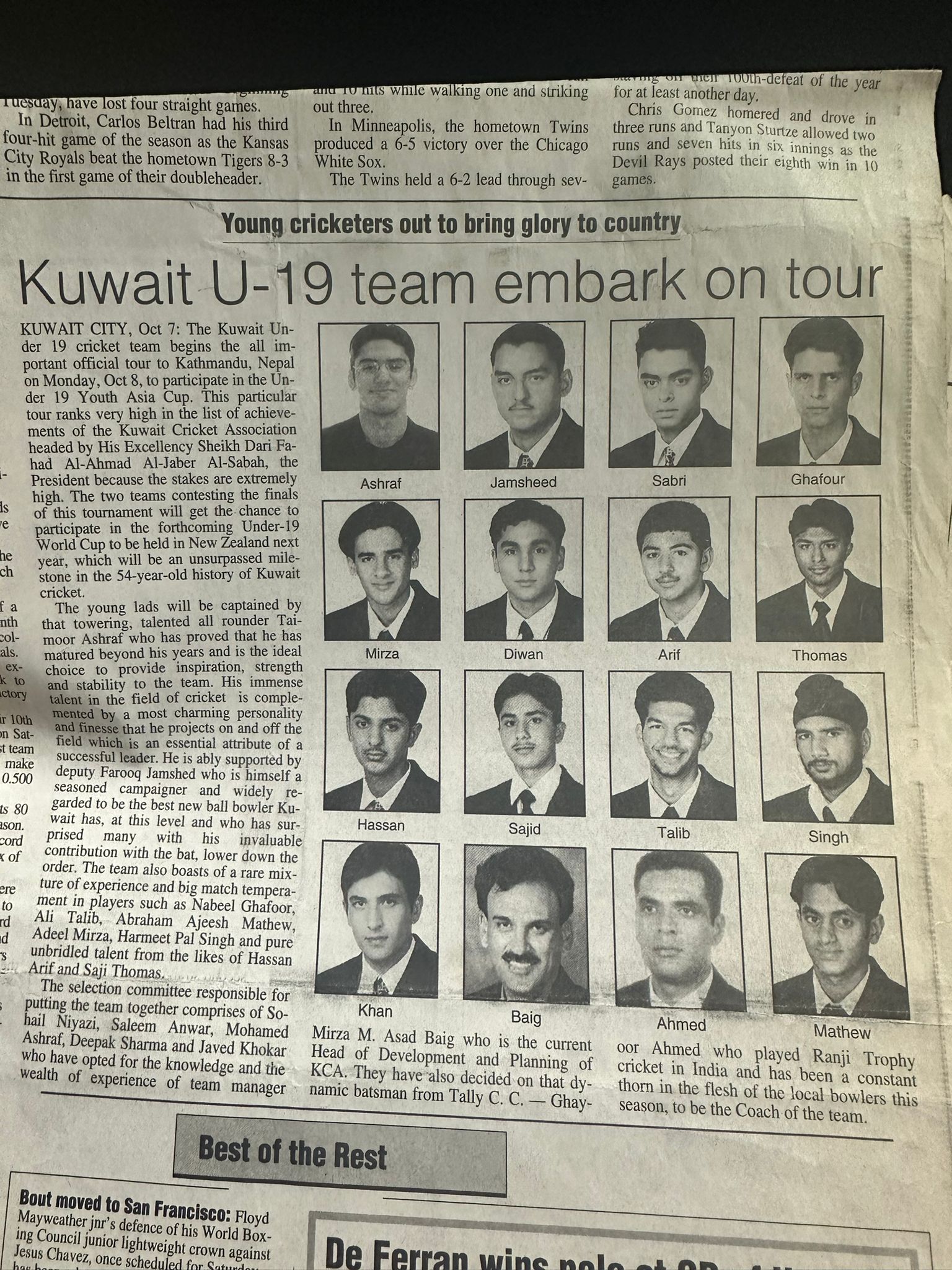Newspaper clipping, Kuwait U-19 team embarking on tour, October 2001