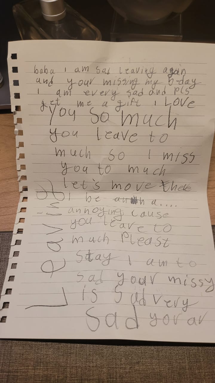 A handwritten letter about missing me while I was away